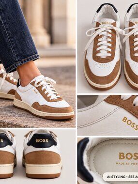 BOSS Hugo Boss White & Cognac Suede Panelled Low-Top Sneakers, EU 38 / US 7.5–8